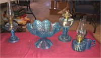 Blue Glass Oil Lamps & Bowl