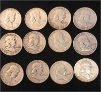 (12) Different Franklin Half Dollars $6 Face 90%