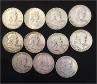 (11) Mixed Date Franklins $5.50 Face 90% Silver