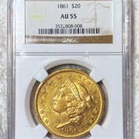 1861 $20 Gold Double Eagle NGC - AU55