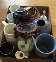 Box lot - ceramic vases, decorative copper pot,