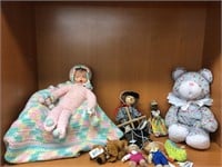 Baby doll w/chair, floral teddy bear,