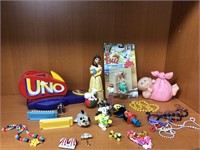 Beads, pins, Uno dispenser, toy figurines,