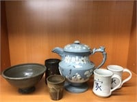 Blue tea kettle w/ floral print, Japanese cups,