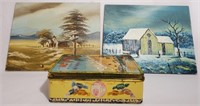 Paintings on Board and Vintage Tin