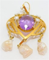 14K Yellow Gold, Amethyst, Seed Pearl and