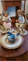 Plate,  bird and young  folk figurines