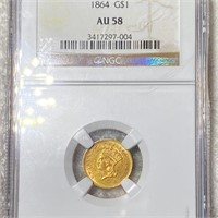 1864 Rare Gold Dollar NGC - AU58