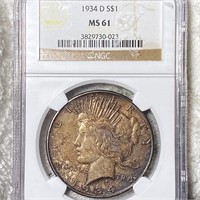 1934-D Silver Peace Dollar NGC - MS61