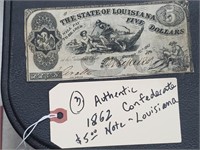 1862 Confederate currency $5 note Louisiana