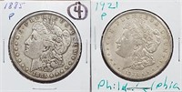 2 Morgan US silver dollars 1885 & 1921 VF-XF