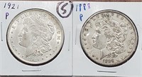 2 Morgan US silver dollars 1888 & 1921 VF-AU