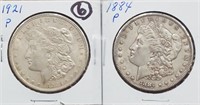 2 Morgan US silver dollars 1884 & 1921 VF-XF