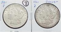 2 Morgan US Silver dollars 1921 P & D mints XF-BU