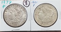 2 Morgan US silver dollars 1879 & 1921 VF-AU