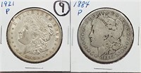 2 Morgan US silver dollars 1884 & 1921 G-XF