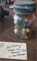 Old Brockway Clear-Vu Mason Jar & 90+ old marbles
