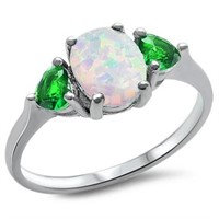 Oval White Opal & Emerald Heart Sidestones Ring
