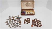 DRESSER BOX + COINS + POCKET WATCH + ETC