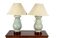PAIR OF CHINESE CRACKLE CELADON VASE AS LAMPS