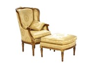 FRENCH CARVED GILTWOOD BERGERE & OTTOMAN