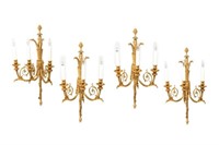 SET OF FOUR GILT BRONZE THREE BRANCH WALL SCONCES