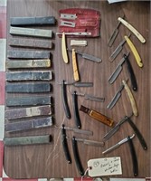 12 antique straight razors, cases, Whisker Dye