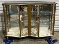 DECORATED MCM CURIO CABINET WITH FIGURED GLASS