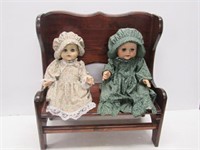 2 Dolls on Pine Bench
