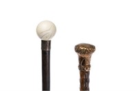 TWO WALKING STICKS WITH NATURAL & GOLD FILLED KNOP
