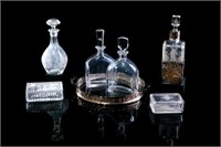 FOUR GLASS DECANTERS WITH ART DECO BOXES