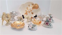 ASSORTED CHINA ORNAMENTS + BASKETS + TRAYS
