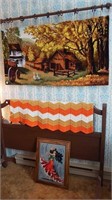 HOOKED WALL HANGING + NEEDLEPOINT PICTURE + AFGHAN