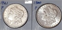 2 Morgan US silver dollars 1900 & 1921 AU-BU