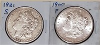 2 Morgan US silver dollars 1921-S & 1900 XF-BU
