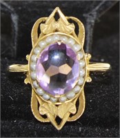 14kt Gold Natural Amethyst & Seed Pearl Ring