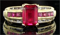 10kt Gold Emerald Cut Ruby & Diamond Ring