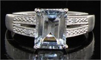 Emerald Cut Natural Aquamarine & Diamond Ring
