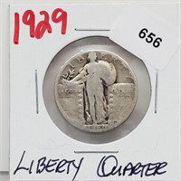 1929 90% Silver Liberty Quarter 25 Cents