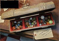 Old pirate chest jewelry box & appx 85 old marbles