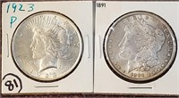 1923 US peace silver dollar & 1891 Morgan VF-AU