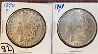 2 Morgan US silver dollars 1890 1921 VF