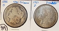 2 Morgan US silver dollars 1886-O & 1921-D g-XF