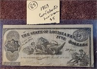 1863 Confederate currency $5 Louisiana authentic