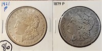 2 Morgan US silver dollars 1921 & 1879 VG-BU