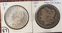 2 Morgan US silver dollars 1879 & 1900-O XF-VG