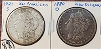 2 Morgan US silver dollars 1921-S 1880-O VF