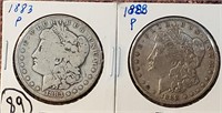 2 Morgan US silver dollars 1883 & 1888 G-F