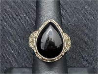 .925 Sterling Silver Pear Shaped Onyx Ring