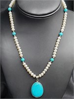 .925 Sterling Silver Pearl/Turquoise Necklace